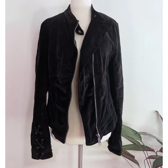 EUC Free People Lacey Velvet Corset Lace Tied Black Moto Jacket Small​​​​​